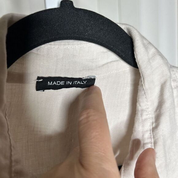 Linen Men Casual Button Up Shirt Ivory Roll Up Sleeve Made in Italy Size 2XL - Picture 2 of 7